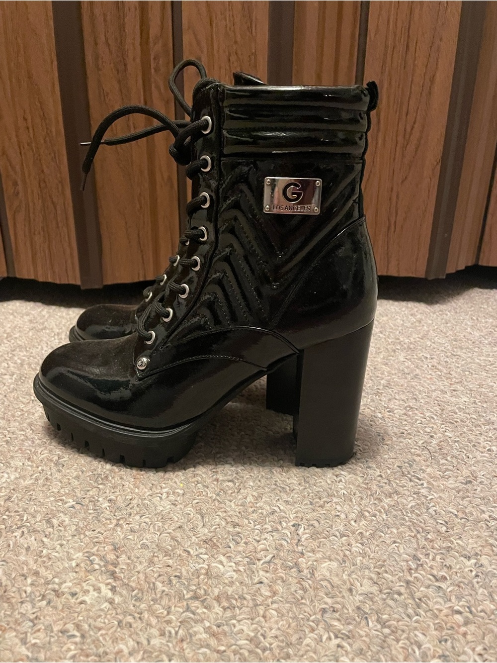G by Guess Black Patent Lace-Up Platform Heel Booties